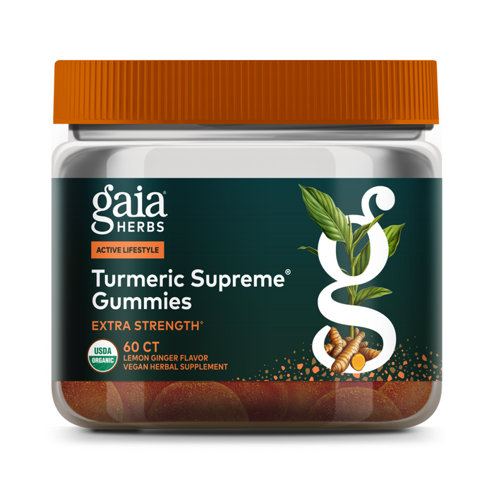 Gaia Herbs Turmeric Supreme Extra Strength Gummies, 60 count, lemon ginger flavor, come in a container with an orange lid and a label showing turmeric roots and green leaves. These certified organic gummies support healthy inflammatory function.