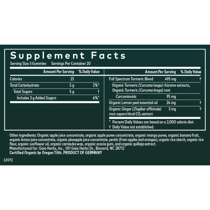 Supplement Facts label for Gaia Herbs Turmeric Supreme Extra Strength Gummies shows serving size, calories, carbs, sugars, and turmeric for healthy inflammation. Includes ingredient list and manufacturer info. USDA Certified Organic.
