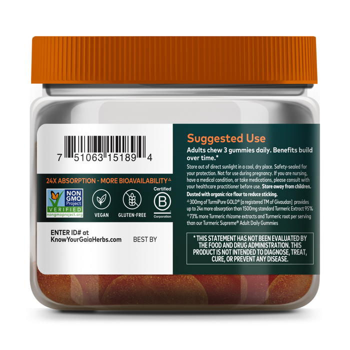 A plastic jar of Gaia Herbs Turmeric Supreme Extra Strength Gummies with a white lid and green label showing suggested use, Non-GMO, Vegan, Gluten-Free, Certified Organic icons, barcode, and FDA disclaimer—supports healthy inflammation response.