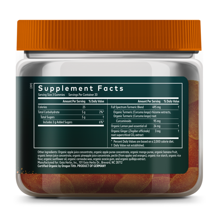 Gaia Herbs Turmeric Supreme Extra Strength Gummies come in a clear plastic jar with an orange lid. The white label shows supplement facts and nutrition info, while the orange-red certified organic gummies support healthy inflammatory function.