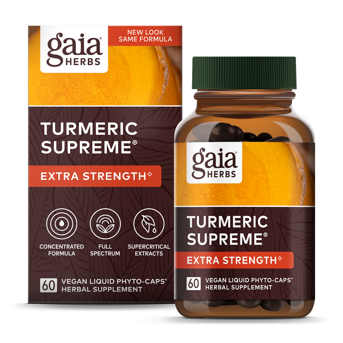 A Gaia Herbs Turmeric Supreme Extra Strength bottle and box, featuring full-spectrum herbal supplements with black pepper extract for healthy inflammatory function. Both have a dark green and orange design, highlighting a concentrated formula.
