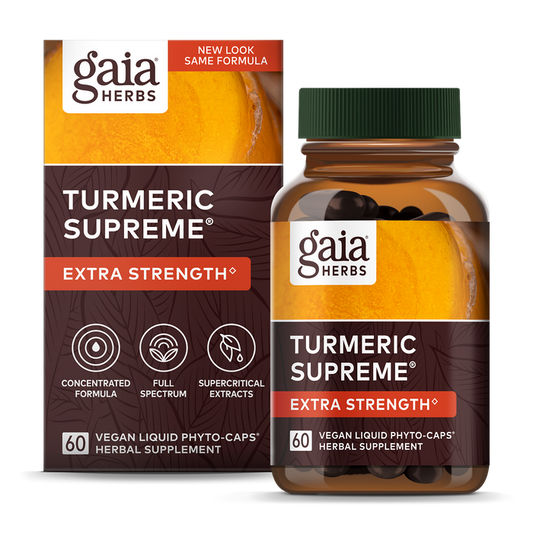A Gaia Herbs Turmeric Supreme Extra Strength bottle and box, featuring full-spectrum herbal supplements with black pepper extract for healthy inflammatory function. Both have a dark green and orange design, highlighting a concentrated formula.