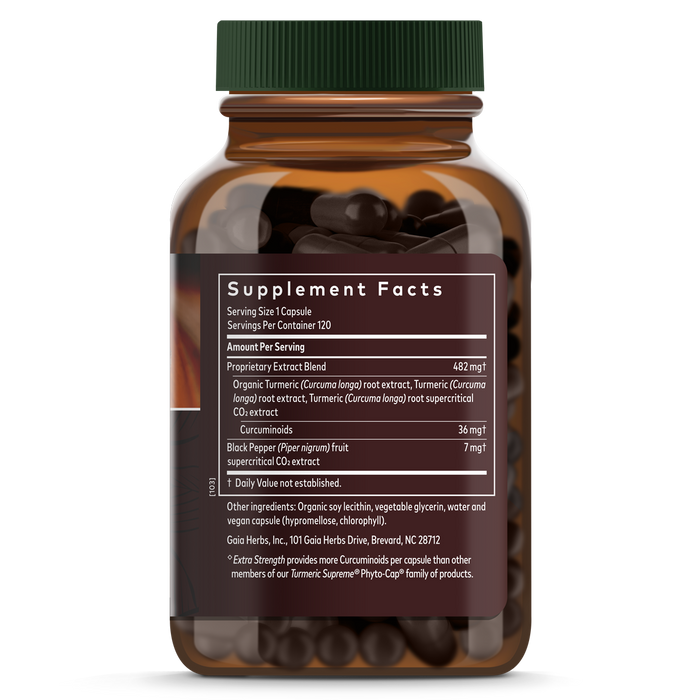 A brown bottle labeled Supplement Facts for Gaia Herbs Turmeric Supreme Extra Strength reveals dark capsules of organic turmeric root and black pepper extract, supporting healthy inflammatory function. Its partially transparent design showcases the ingredients.