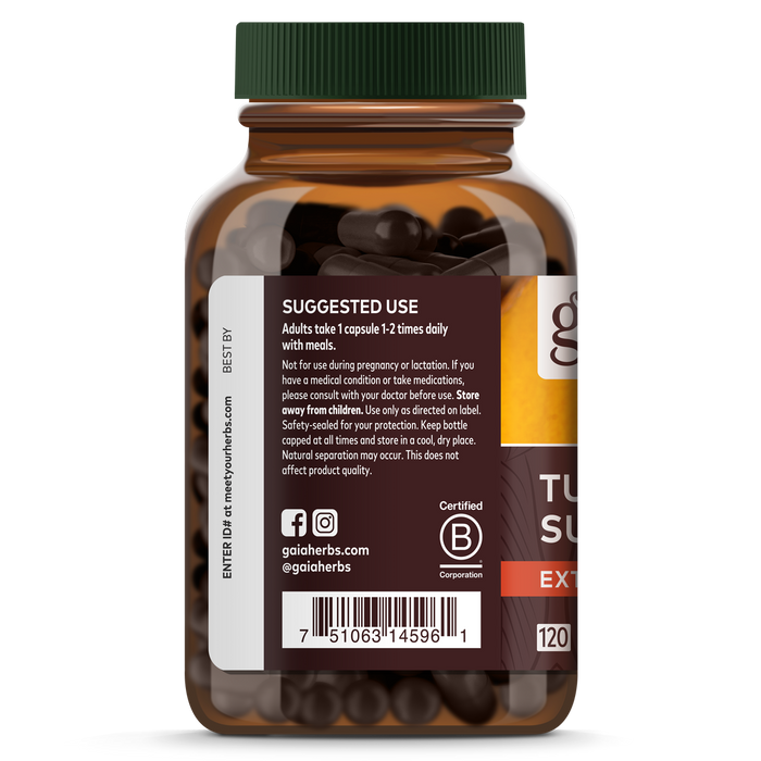 The image shows a brown bottle of Gaia Herbs Turmeric Supreme Extra Strength supplements, featuring a black cap and dark capsules. The label provides usage instructions and contact details. This B Corporation certified product includes black pepper extract for healthy inflammatory function.