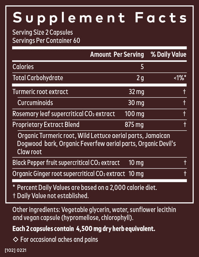 Supplement Facts for Turmeric Supreme Pain Support by Gaia Herbs include serving size of 2 capsules, providing 5 calories, 800 mg of turmeric root extract (curcumin), 875 mg of rosemary leaf extract, and 10 mg each of black pepper and ginger root extract.