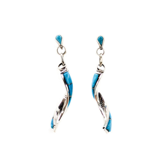Handcrafted sterling silver and turquoise inlay earrings by Gloria Waatsa, Zuni jeweler&nbsp;
Each earring measures approximately 1.75 inches long by 1/8 of an inch wide

Sterling silver posts and backs