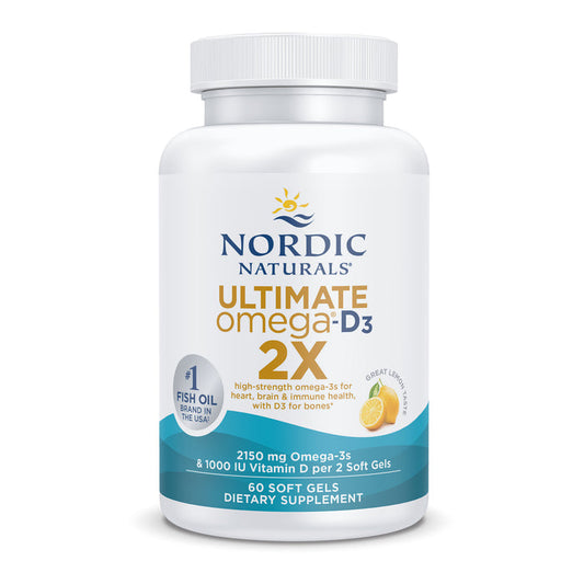 A white bottle labeled Nordic Naturals Ultimate Omega 2X with D3 contains supplements with 2150 mg of Omega-3s (EPA+DHA) and 1000 IU Vitamin D3 per serving. The label features a lemon slice and notes there are 60 soft gels inside.
