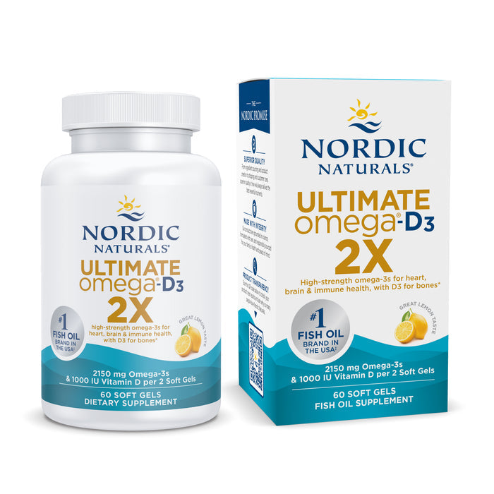 A box and bottle of Nordic Naturals Ultimate Omega 2X with D3, featuring high-strength EPA+DHA omega-3s for heart, brain, and immune support, plus vitamin D3 for bone health. Includes 60 lemon-flavored soft gels.