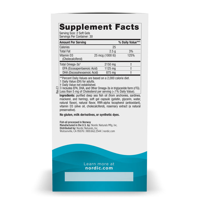 The image displays the supplement facts label for Nordic Naturals Ultimate Omega 2X with D3 soft gels. It highlights Omega-3-rich fish oil, EPA+DHA content, serving details, and confirms its gluten-free with no artificial additives. Manufacturing and contact info are in the footer.