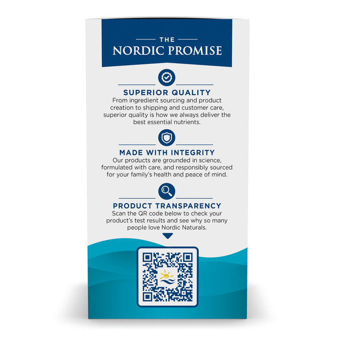 A flyer titled The Nordic Promise showcases Ultimate Omega 2X with D3 by Nordic Naturals in three sections: Superior Quality, Made with Integrity, and Product Transparency. It highlights Omega-3 benefits like EPA+DHA, features icons for each section, and includes a QR code on blue waves.