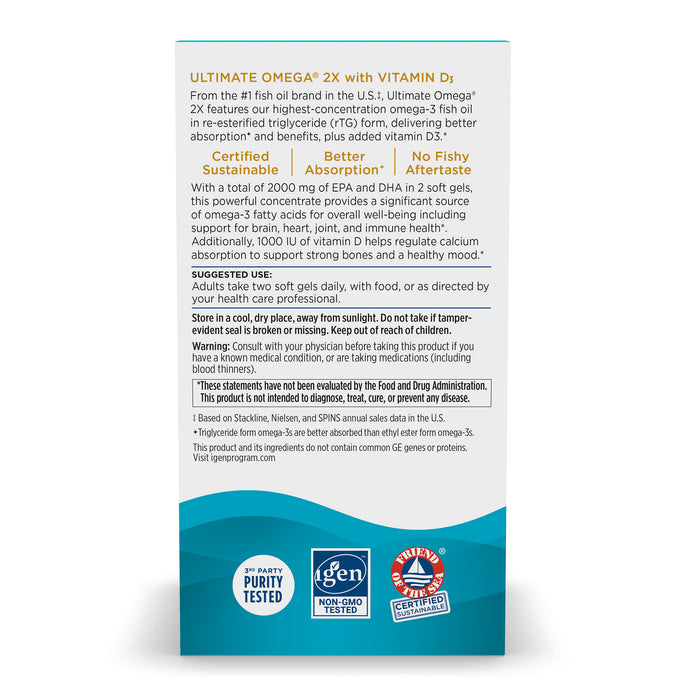 The image shows a Nordic Naturals supplement box titled Ultimate Omega 2X with D3, highlighting Omega-3 benefits for heart, brain, and immune support with EPA+DHA. It underscores purity, non-GMO ingredients, sustainable sourcing, and includes suggested use info, safety warnings, and certifications.