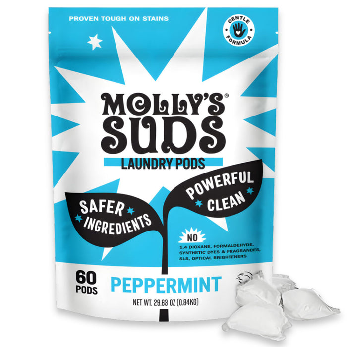 A blue and white bag of Molly’s Suds Ultra Concentrated Laundry Detergent Pods for sensitive skin features claims of safer ingredients, powerful clean, and 60 pods. Three white pods appear in the bottom right corner.