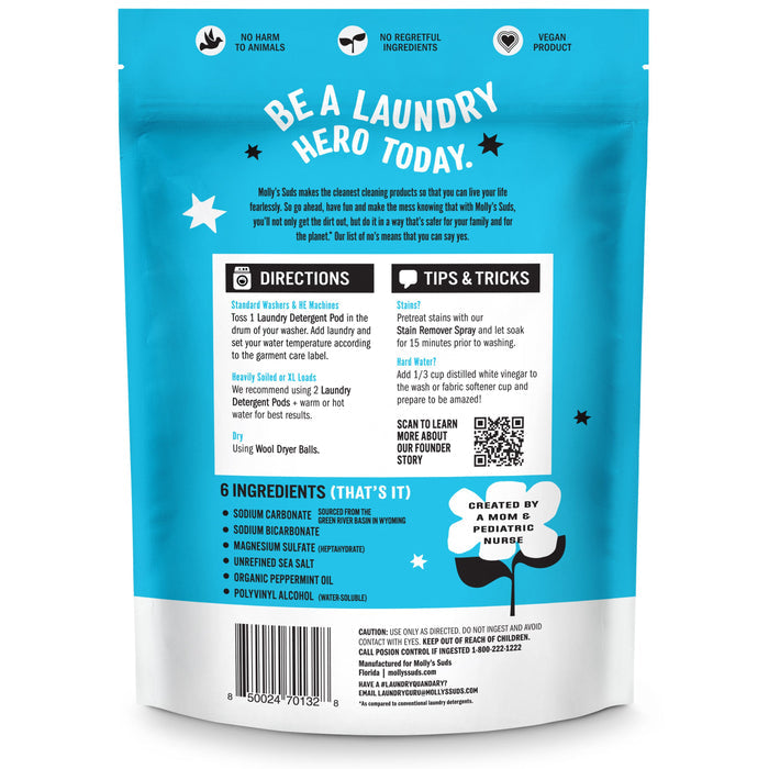 The image shows the back of a Mollys Suds Laundry Power Pods bag, emphasizing its stain removal abilities. Directions, tips, and six ingredients are listed. Vegan and cruelty-free icons are prominent on the blue bag with black text, ideal for sensitive skin!.