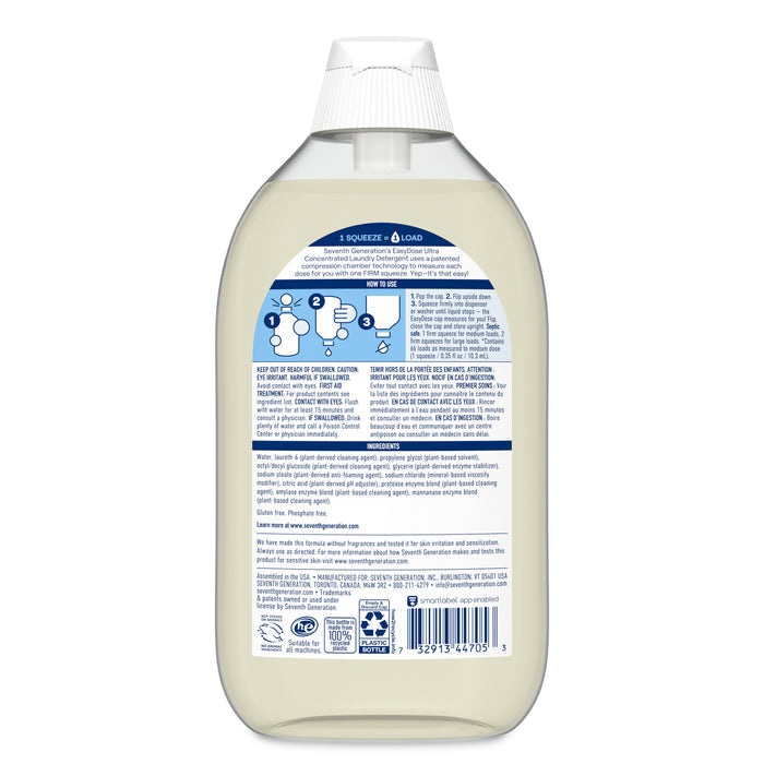 The back label of a clear Seventh Generation Ultra Concentrated Laundry Detergent bottle displays usage instructions, ingredients, and product info; bottle features a white cap with blue and white text.