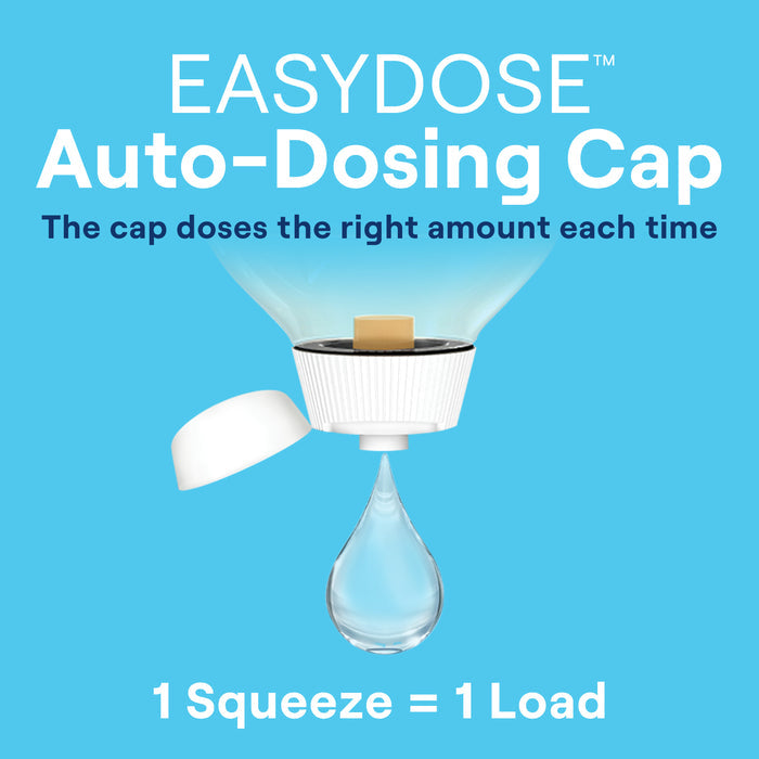 Seventh Generation’s Ultra Concentrated Laundry Detergent features a white EasyDose auto-dosing cap that dispenses just the right amount per squeeze—1 squeeze equals 1 load. Shown with lid off and text on a blue background.