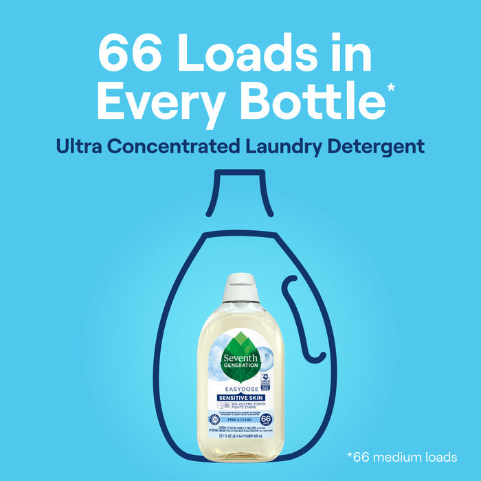 A bottle of Seventh Generation Ultra Concentrated Laundry Detergent sits before an illustrated laundry basket. Text: 66 Loads in Every Bottle* Ultra Concentrated Laundry Detergent from Seventh Generation.