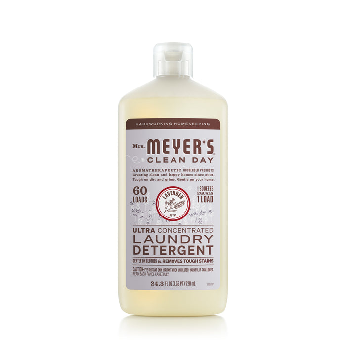 Mrs. Meyers Ultra Concentrated Liquid Laundry detergent, with stain-fighting enzymes and a garden-inspired scent, comes in a 24-ounce (710 ml) bottle labeled 60 loads and 1 squeeze = 1 load, making it easy to tackle tough stains.
