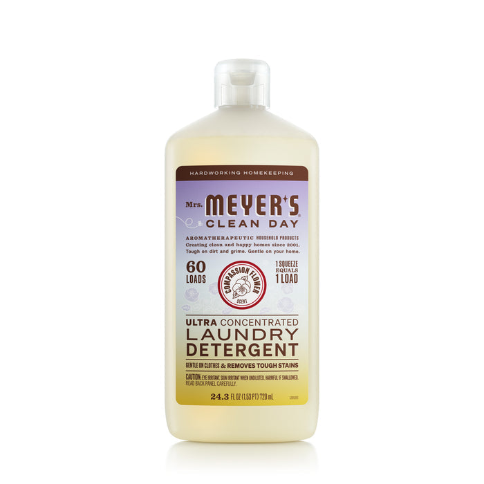 Mrs. Meyers Ultra Concentrated Liquid Laundry detergent offers Hardworking Homekeeping with a garden-inspired aroma. Equipped with stain-fighting enzymes, it handles 60 loads in just 24 fl oz (710 ml), living up to its Aromatherapeutic Household Product claim.