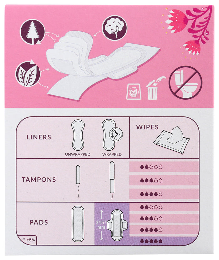 Illustration featuring menstrual products: liners, tampons, pads, and wipes. Icons show absorption levels and disposal in a bin—not a toilet. With pink floral designs, options include Natracares Ultra Extra Long Period Pads for heavy flow made from natural materials.