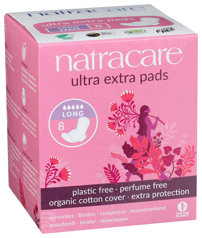 A pink Natracare Ultra Extra Long Period Pads box, featuring floral designs and a womans illustration, ensures comfort for heavy flow. It highlights features like long 8, plastic-free pad, perfume free, and an organic cotton cover for added protection.