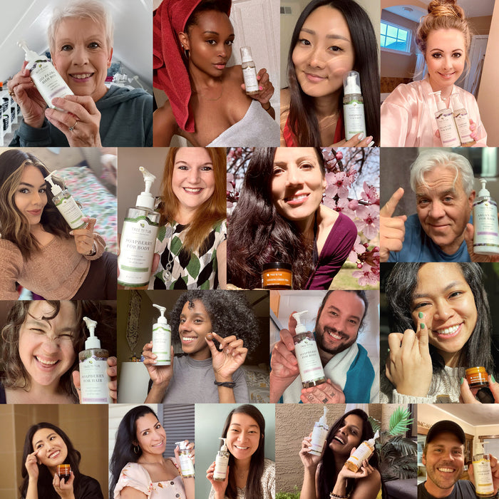 A collage shows diverse individuals smiling and holding Tree To Tub skincare products in various settings. Each person displays a bottle or jar, like the Ultra Gentle Lotion for Sensitive Skin with Aloe. Backgrounds range from cozy indoors to vibrant outdoors.