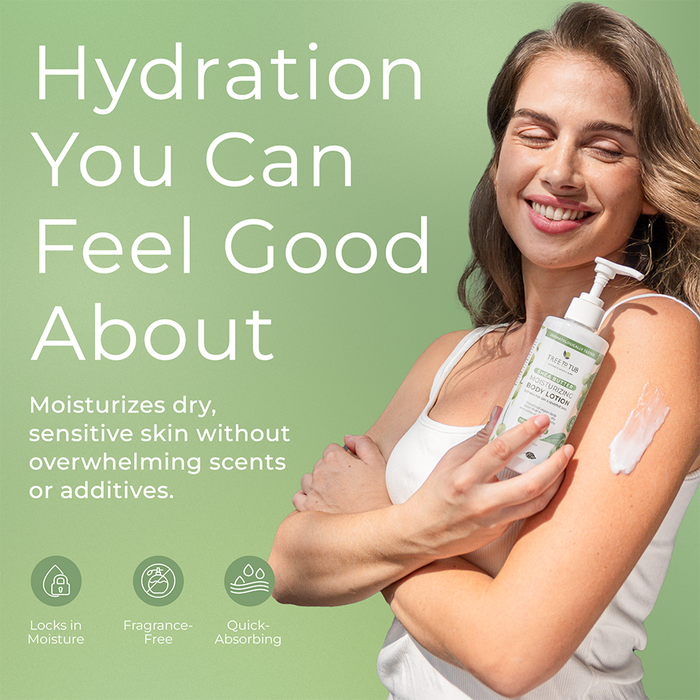 A smiling woman applies Tree To Tub Ultra Gentle Lotion for Sensitive Skin with Aloe to her arm using a pump bottle. Text: Hydration You Can Feel Good About. Moisturizes dry, sensitive skin—fragrance-free with moisture lock and quick-absorbing formula icons.