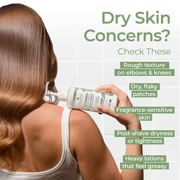 A woman with long, wavy hair applies Tree To Tub Ultra Gentle Lotion for Sensitive Skin with Aloe to her arm. Text highlights dry skin concerns: rough elbows/knees, flaky patches, fragrance-sensitive skin, post-shave dryness, and greasy lotions.