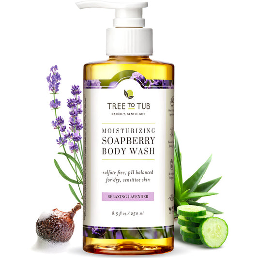 Tree To Tub Ultra Hydrating Body Wash for Dry Skin features a soothing lavender scent, is sulfate-free, pH balanced for sensitive skin, and surrounded by lavender sprigs, soapberry, aloe, and cucumber slices on the label.