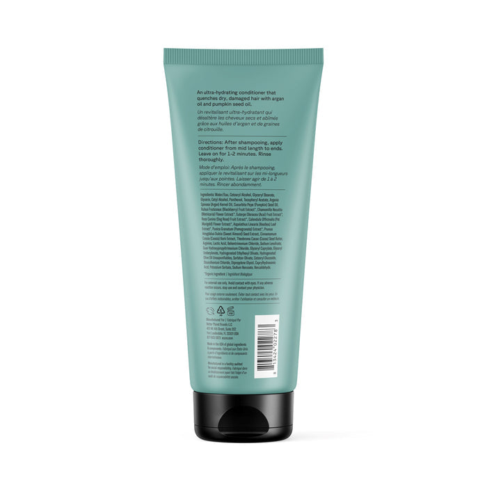 A green tube of Acure Ultra Hydrating Conditioner with a black flip-top cap, shown from the back, features product info, directions, ingredients, and symbols—formulated to boost shine and nourish curly hair.