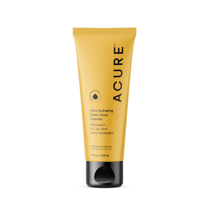 A 4 fl oz (118 ml) yellow tube of Acure Ultra Hydrating Green Juice Cleanser with a black cap is displayed upright against a white background.