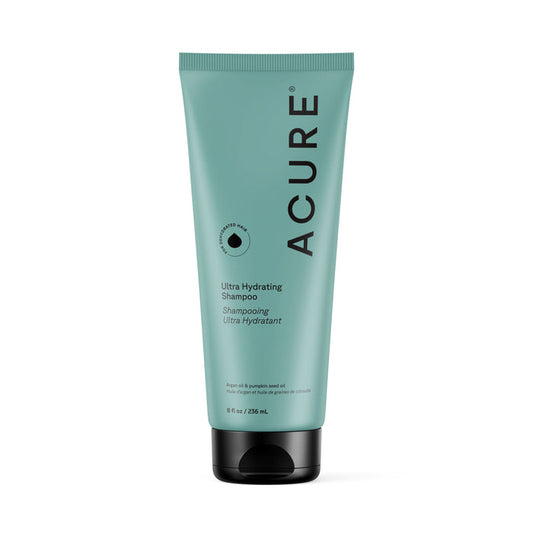 A teal 8 fl oz (236 ml) upright tube of Acure Ultra Hydrating Shampoo with a black cap, featuring argan oil for curly hair, is displayed against a white background.
