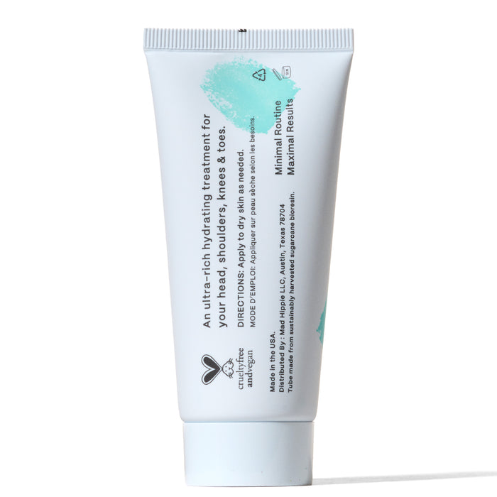 A white squeeze tube of Mad Hippies Ultra Rich Barrier Cream features an ultra-hydrating formula with hyaluronic acid. The front label presents usage instructions and benefits such as antioxidant-rich hydration for chest, shoulders, knees, and toes, all highlighted by a logo and turquoise accents.