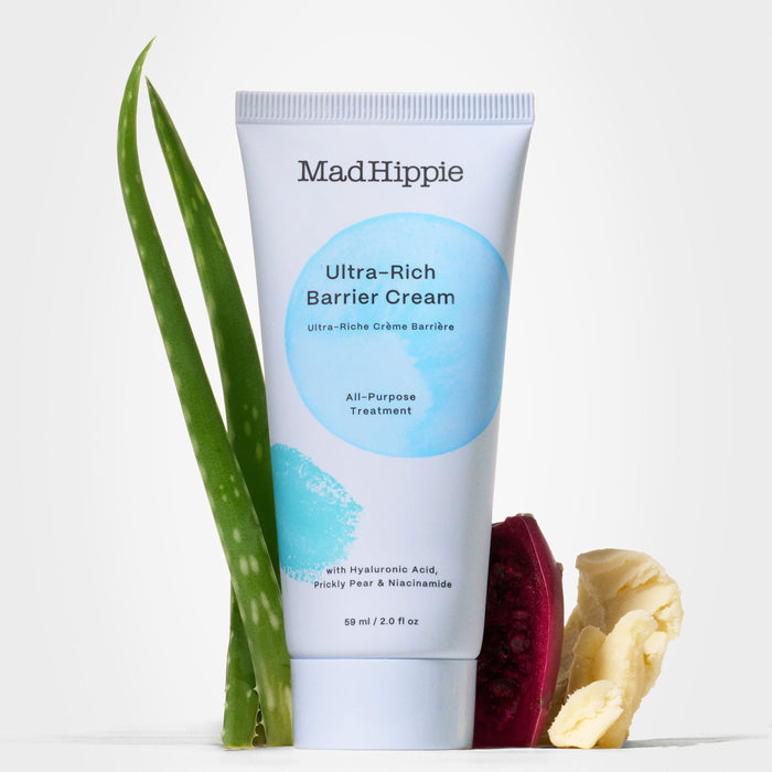 Mad Hippies Ultra Rich Barrier Cream comes in white packaging with blue/black text, boasting antioxidant-rich hydration from vegan lanolin, aloe vera, prickly pear, and shea butter for an all-purpose treatment.