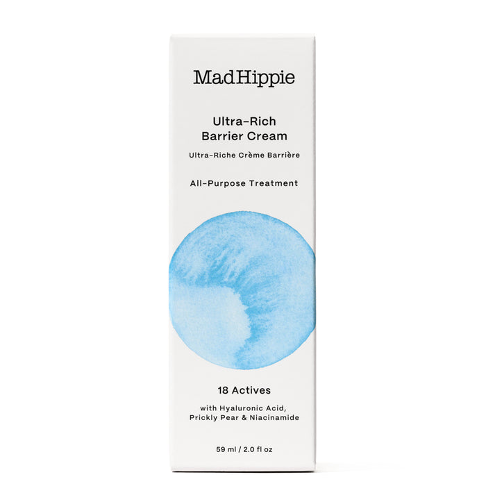 The Mad Hippie Ultra Rich Barrier Cream comes in a white box with blue circular design, highlighting 18 actives for antioxidant-rich hydration with Hyaluronic Acid, Prickly Pear, and Vegan Lanolin. Size: 59 ml / 2.0 fl oz.