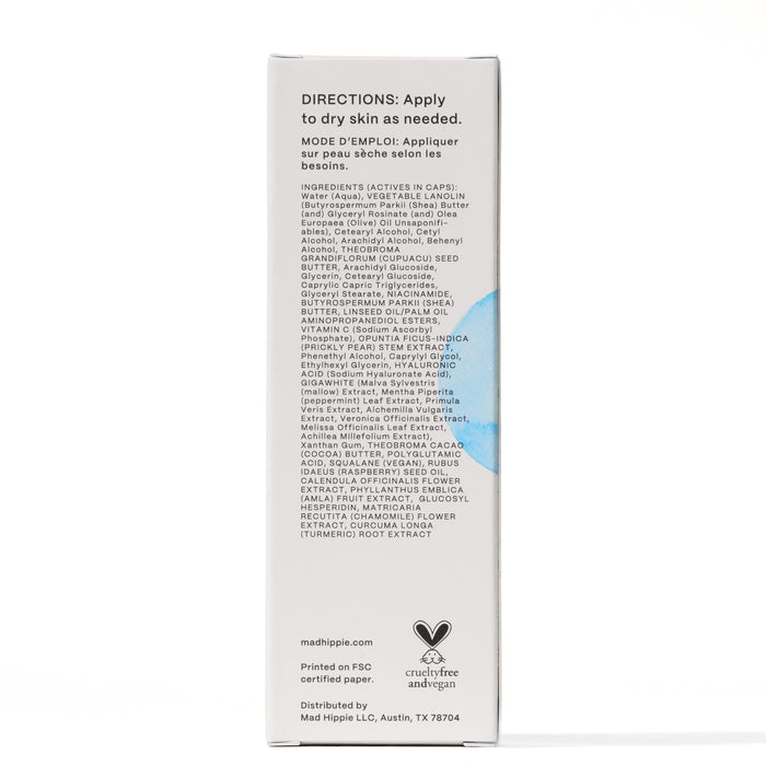 The image shows the back of Mad Hippies Ultra Rich Barrier Cream packaging with ingredients including antioxidant-rich hydration elements. A heart is next to the cruelty-free and vegan logo, with Mad Hippie LLC, Austin, TX printed at the bottom.