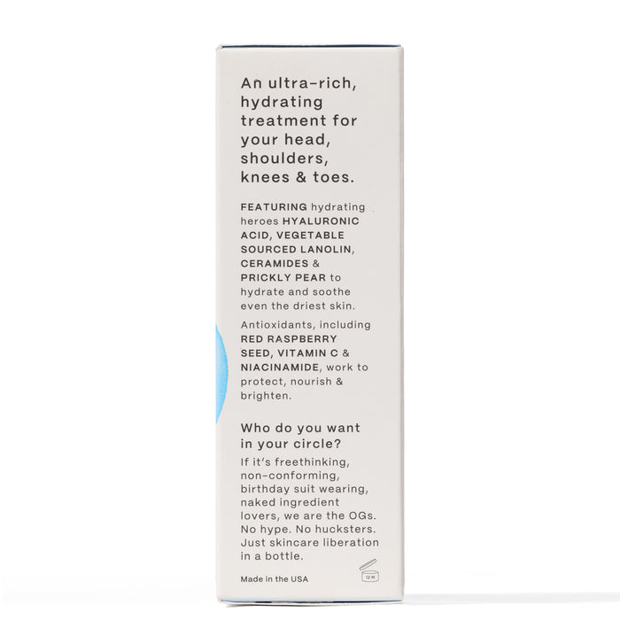 The image shows the side of a Mad Hippie Ultra Rich Barrier Cream box, describing it as an antioxidant-rich hydrating treatment with hyaluronic acid and ceramides for head to toe care, prioritizing skincare integrity. Made in the USA.
