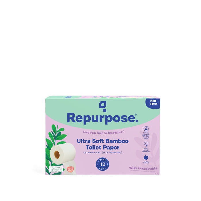 Repurpose Ultra Soft 3-ply Bamboo Toilet Paper (300 sheets/roll) comes in pastel green and purple packaging with bamboo and roll illustrations. The box contains 12 non-toxic, sustainable, eco-friendly rolls.