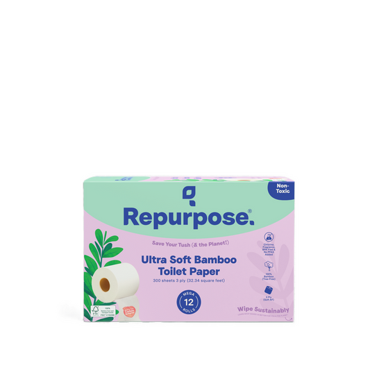 Repurpose Ultra Soft 3-ply Bamboo Toilet Paper (300 sheets/roll) comes in pastel green and purple packaging with bamboo and roll illustrations. The box contains 12 non-toxic, sustainable, eco-friendly rolls.