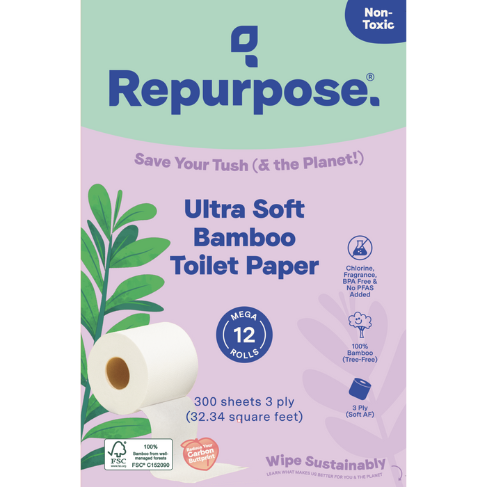 Repurpose Ultra Soft 3-ply Bamboo Toilet Paper comes in a pack of 12 mega rolls, each with 300 sheets. The purple and green packaging features plant graphics and promotes sustainability.