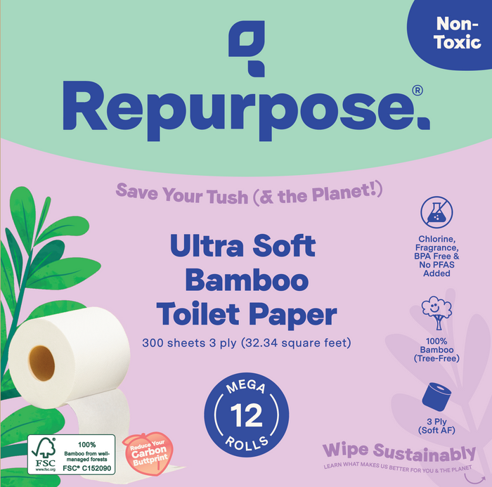 Repurpose Ultra Soft 3-ply Bamboo Toilet Paper (300 sheets/roll), sold as a pack of 12 mega rolls, is made from 100% bamboo, non-toxic, certified sustainable, and features eco-friendly claims on a purple background.