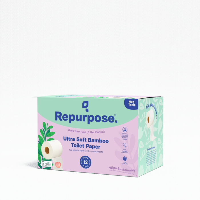 A pastel box of Repurpose Ultra Soft 3-ply Bamboo Toilet Paper (300 sheets/roll, 12 rolls) features eco-friendly and non-toxic labels, bamboo designs, and sustainability messages on a white background.