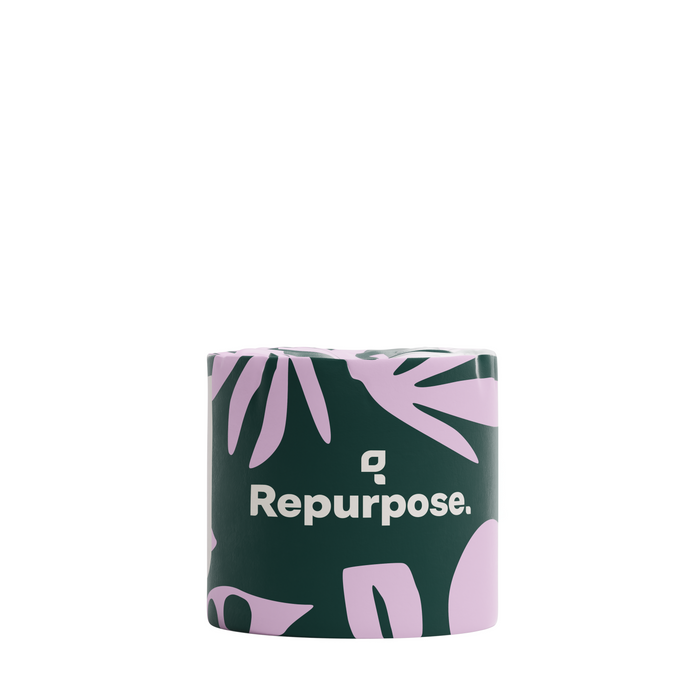 A roll of Repurpose Ultra Soft 3-ply Bamboo Toilet Paper (300 sheets) in dark green and light purple packaging featuring abstract leaf designs and the Repurpose logo on the front.