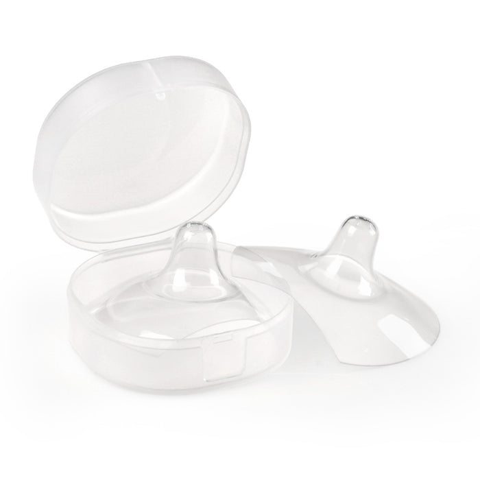 The Haakaa Ultra-Thin Silicone Nipple Shields-Size M (18mm) are shown, one in a clear case and another next to it. Dome-shaped for breastfeeding support, they soothe sore nipples. The backdrop is plain white.