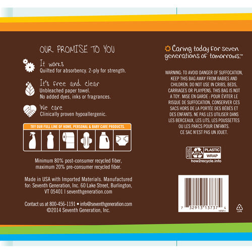 The back of the Seventh Generation Unbleached Paper Towels package highlights absorbency, hypoallergenic care, and eco-friendly recycled fiber. It includes warnings, a product care icon, and notes on sustainable use of unbleached paper.