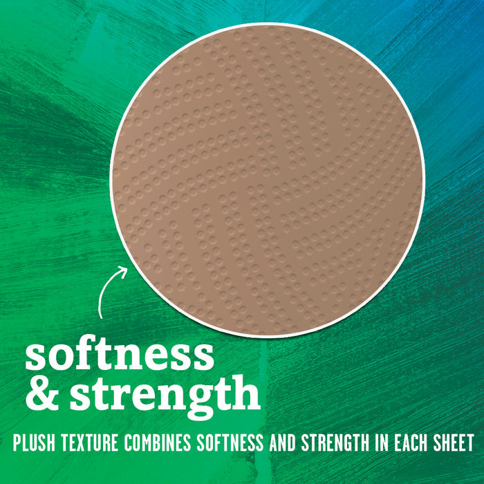 A close-up of Seventh Generations unbleached paper towels, featuring a textured pattern, is highlighted on a green and blue background. Text reads: Softness & Strength, showcasing the plush texture that combines softness and eco-friendly strength in each sheet. Arrows point to the texture.