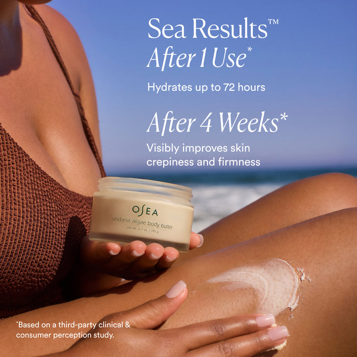 A person applies OSEA Undaria Algae™ Body Butter to their leg. The text highlights 72-hour hydration after one use and visible improvement in skin crepiness and firmness after 4 weeks.