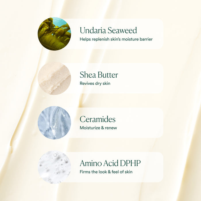 Infographic: OSEA Undaria Algae™ Body Butter features hydrating Undaria Seaweed, reviving shea butter, renewing ceramides, and firming Amino Acid DPHP—perfect for deeply nourished skin.