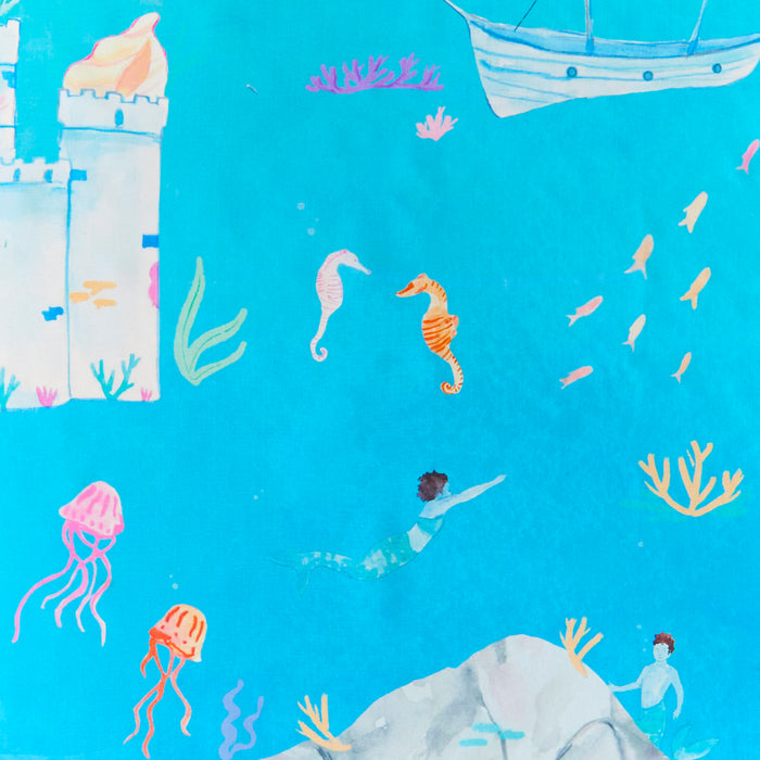 Sarahs Silks Under the Sea Play Map features a vibrant underwater scene with mermaids, a castle, and a ship amidst seahorses, jellyfish, and colorful coral. The lively blue backdrop is crafted with non-toxic dyes for safe imaginative play.