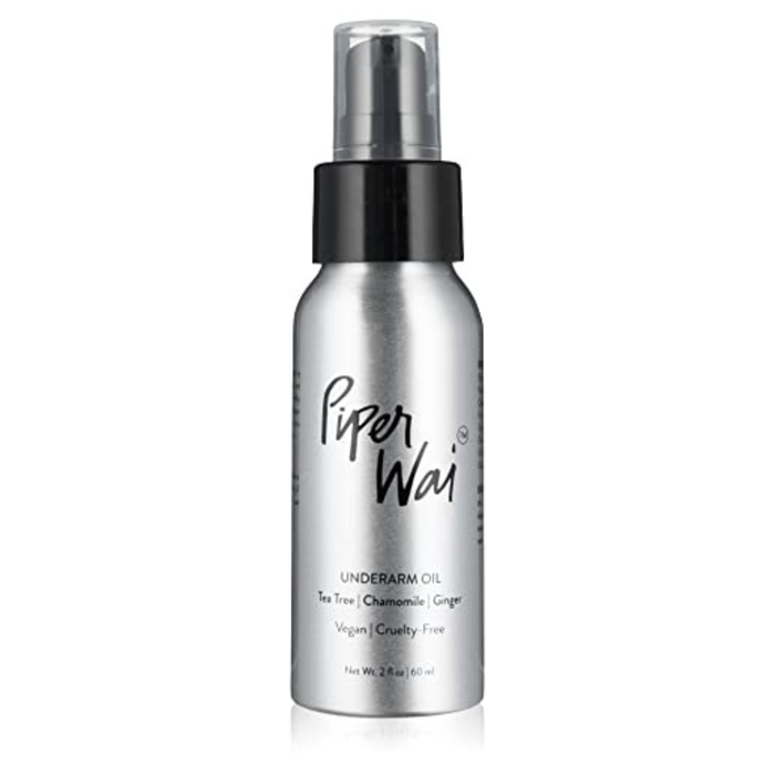 PiperWai Underarm Oil, in a silver spray bottle, is a natural deodorant infused with tea tree, chamomile, and ginger essential oils. It’s vegan and cruelty-free, designed to keep you fresh while being environmentally conscious.