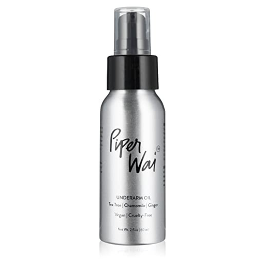 PiperWai Underarm Oil, in a silver spray bottle, is a natural deodorant infused with tea tree, chamomile, and ginger essential oils. It’s vegan and cruelty-free, designed to keep you fresh while being environmentally conscious.